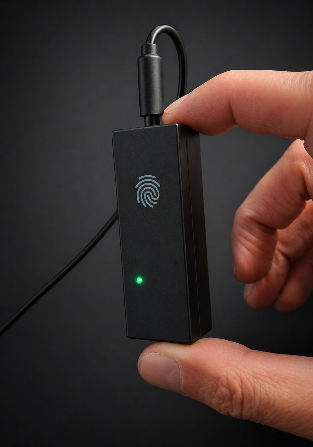 Small black Sendspin Headphones networked DAC device held between fingers