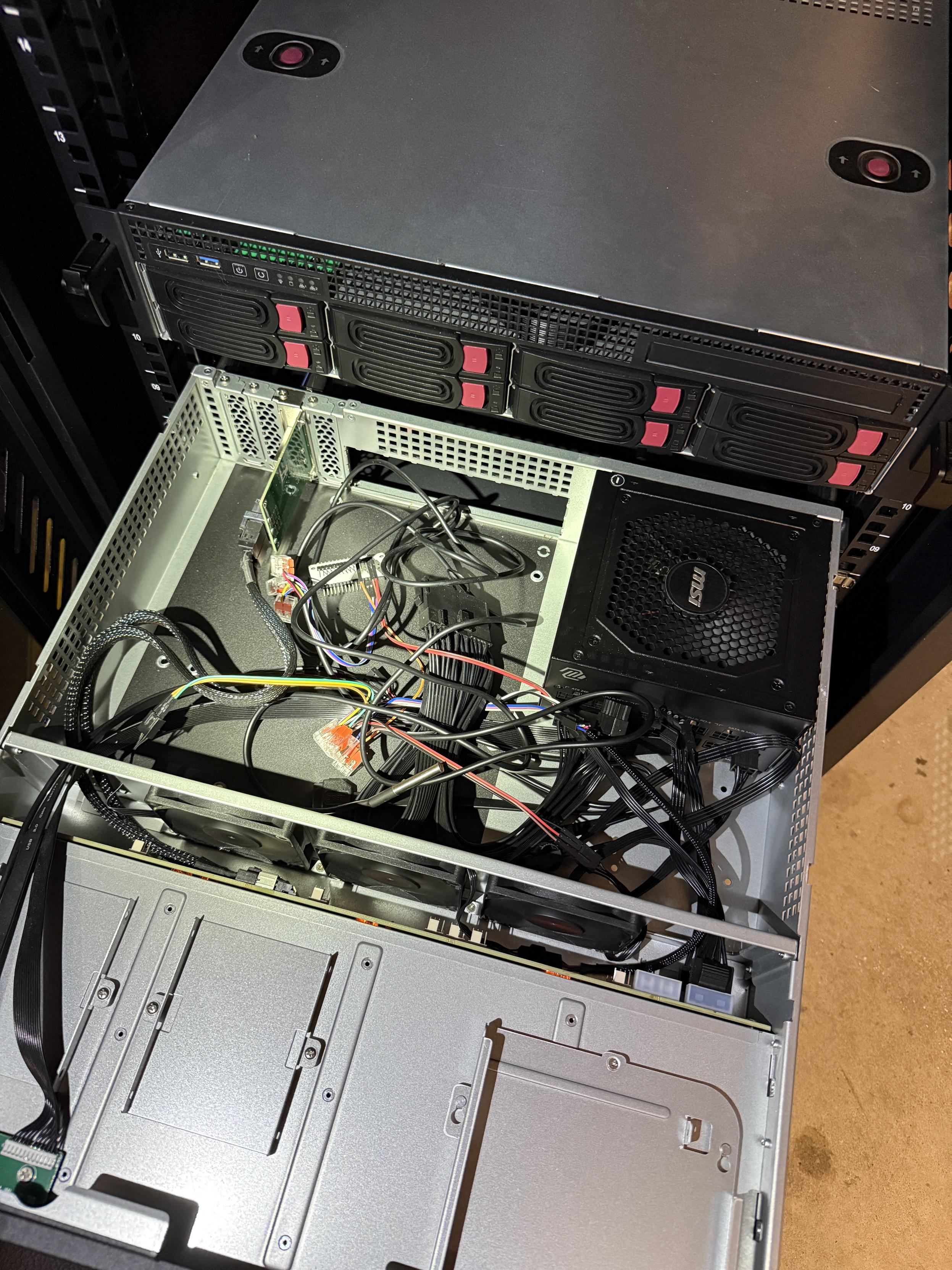 Open disk shelf with ESPHome fan controller wiring and temperature probe