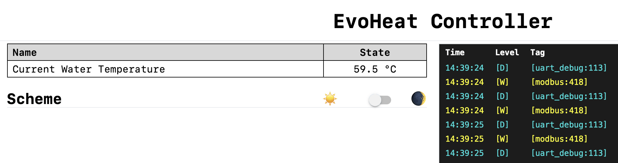 ESPHome web view for the heat pump adapter