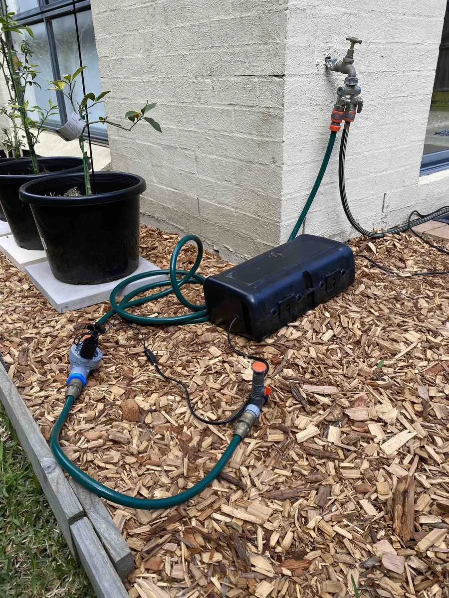 Backyard sprinkler and controller box connected to the garden tap